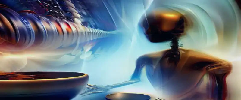 The future of Binaural beats music for deeper meditation, relaxation and sleep therapy. Futuristic image with a singing bowl generating binaural neats @ i-am-meditations.com