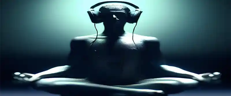 Futuristic figure observing the best meditation music for 2024, listening through headphones while meditating @ i-am-meditations.com