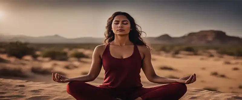Indian female meditating at a desert. Listening to morning meditation music while meditating @ i-am-meditations.com