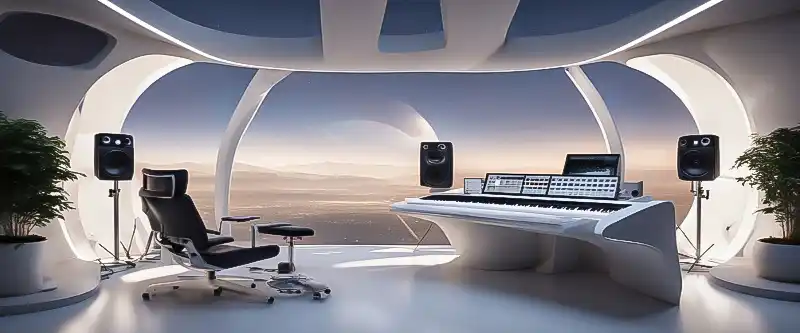 Futuristic recording studio experimenting on 963 Hz Frequency Benefits. How listening to music containing the frequency of god - 963 Hz can improve your life @ i-am-meditations.com