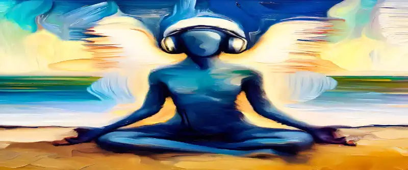 An angel painting art, meditating and listening to meditation music on headphones. The enormous benefits of meditation and how it can completly transform our lives @ i-am-meditations.com