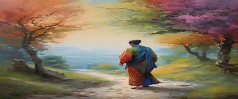 Integrating 396 Hz Music into Daily Practices demonstrated by a painting showing an ancient figure walking in nature @ i-am-meditations.com